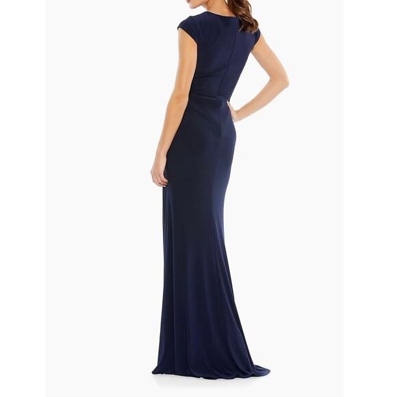 Mac Duggal Ieena Gown Dress Maxi Navy Blue Slit V Neck Sleeves Ruched Stretch - Picture 2 of 11